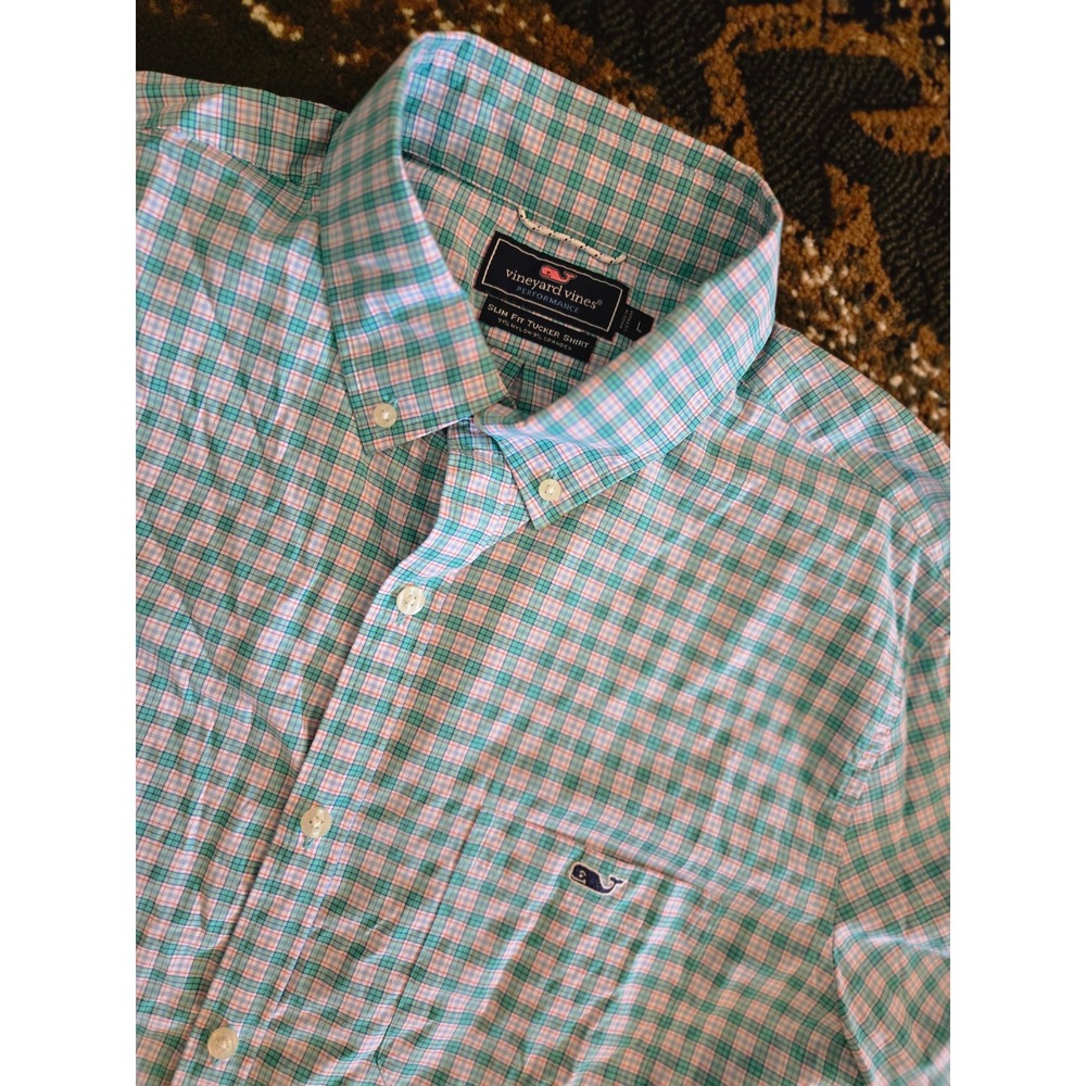 Vineyard Vine Performance Slim Fit Tucker Shirt Mens Large turquoise Plaid L
